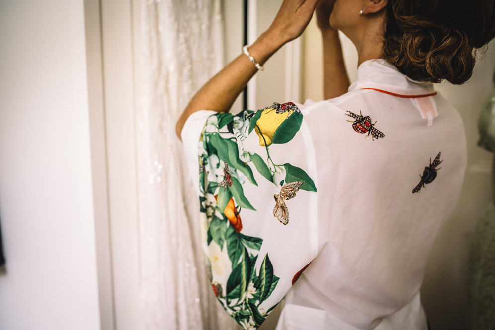 botanical print dressing gown bride